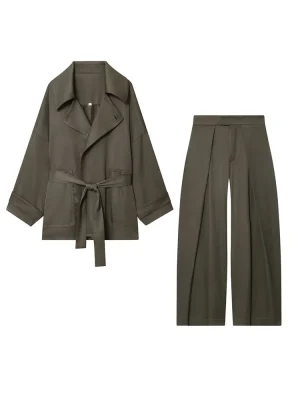 Autumn Women’s Lapel Belted Jacket & Pleated Pants Set