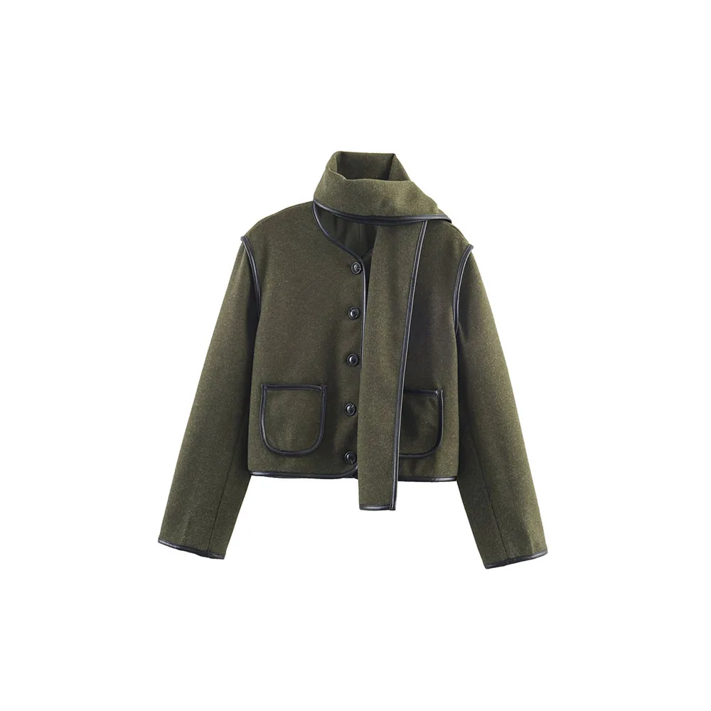 Women’s Autumn Wool & PU Scarf Jacket