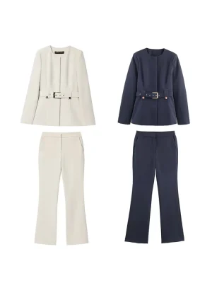 Women’s Slim-Fit Belted Jacket & Bell-Bottom Pants