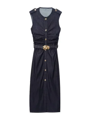 Summer Denim Slim Fit Pleated Midi Dress