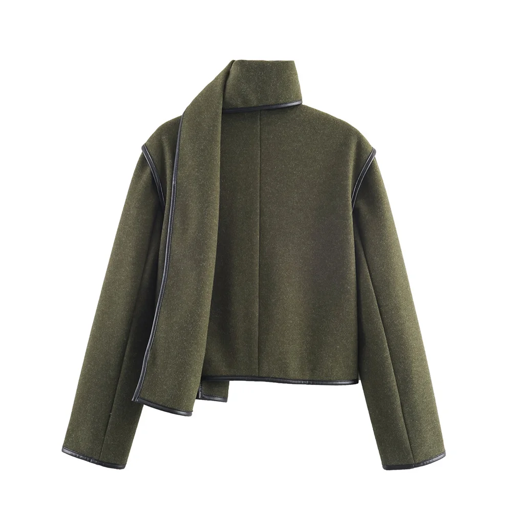 Women’s Autumn Wool & PU Scarf Jacket - Image 2