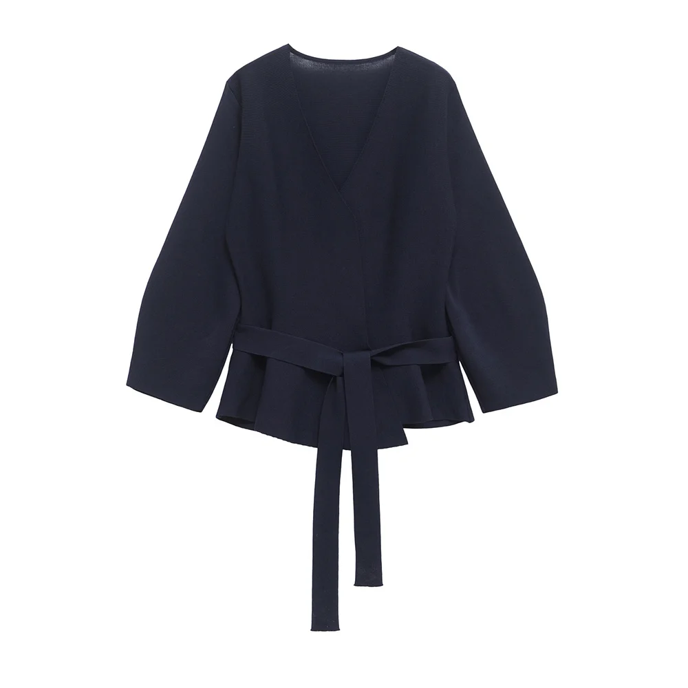 Women’s V-Neck Slim Knit Sweater Jacket with Belt - Image 3