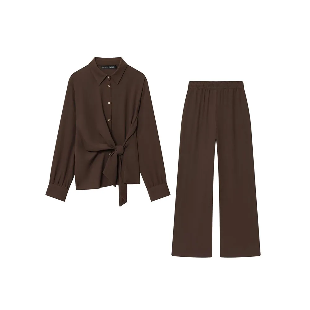Autumn Women’s Casual Crepe Shirt with Wide-Leg Pants