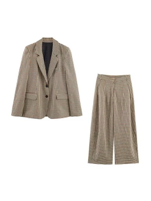 Women’s Plaid Suit Jacket & High-Waist Pants Set