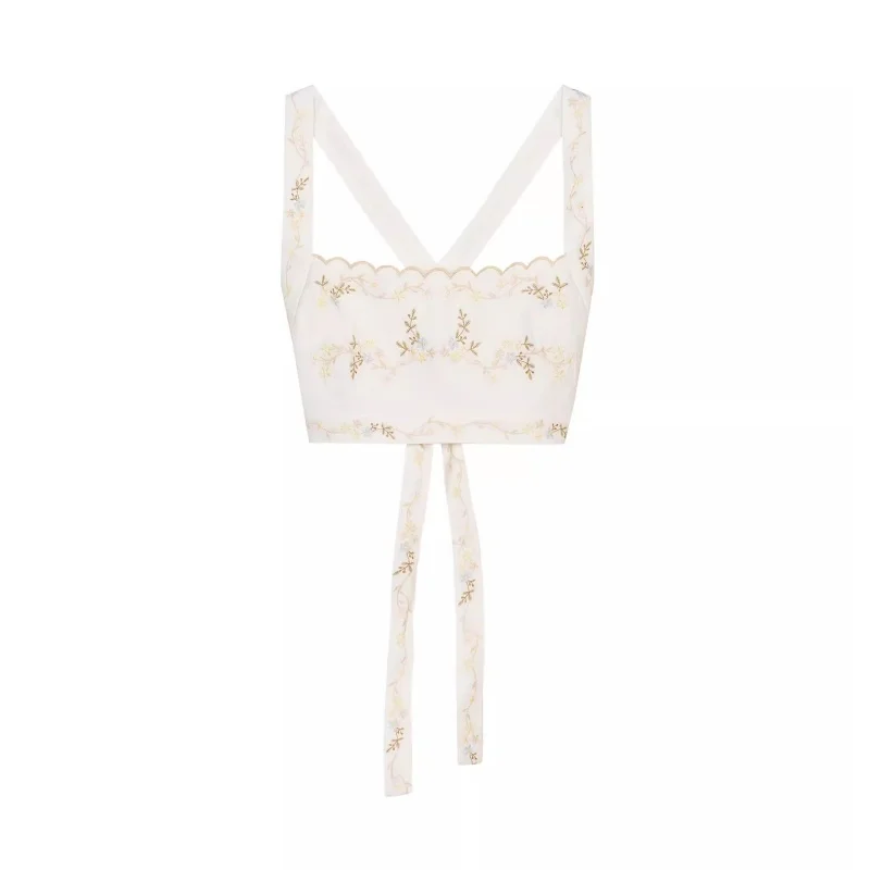 Fashionable Strap Tank Top with Flower Embroidery