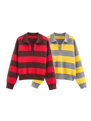 Women’s Autumn Striped Polo Collar Knit Sweater