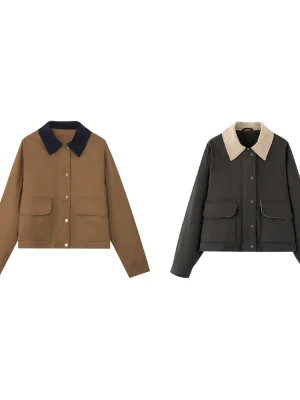 Women’s Spring Jacket with Contrast Collar & Leather Lapel