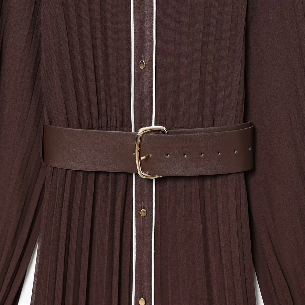 French Style Belted Pleated Midi Dress - Image 5