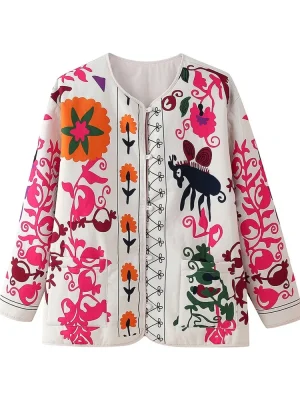 Autumn Printed Cotton Loose Pocket Jacket