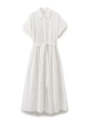 Women’s Embroidered Lapel Waistband Dress