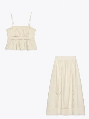 Women’s Hollow Embroidered Top & High Waist Midi Skirt