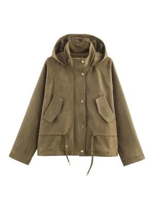 Autumn Women’s Stand Collar Suede-Effect Hooded Jacket