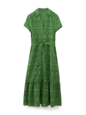 Women’s Lapel Hollow Embroidery Belted Dress