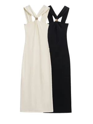 Women’s Gold Inlay Knit Halter Neck Dress