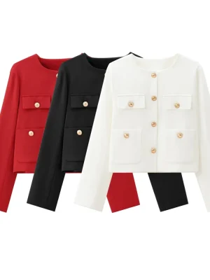 Autumn Gold Button Pocket Short Suit Jacket