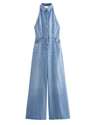 Autumn European-Style Backless Denim Wide-Leg Jumpsuit