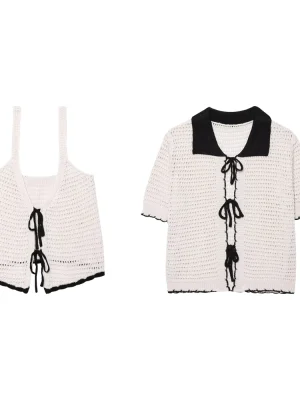 Women’s Crochet Bow Cardigan Two-Piece Set