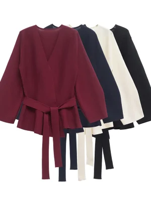 Women’s V-Neck Slim Knit Sweater Jacket with Belt