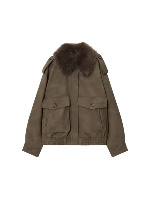 Women’s Autumn Suede Effect Jacket with Detachable Collar