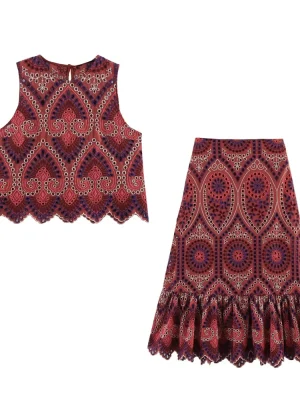Women’s Embroidered Sleeveless Top with Midi Skirt