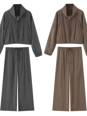 Women’s Standing Collar Jacket & Wide-Leg Pants Set