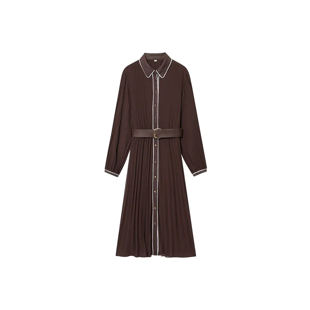 French Style Belted Pleated Midi Dress