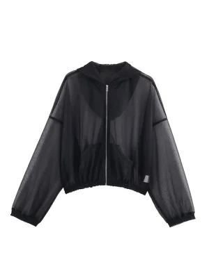 Autumn Women’s Black Zipper Semi-Sheer Hooded Jacket