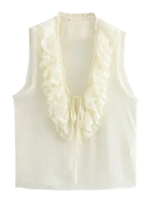 Autumn French V-Neck Ruffle Sleeveless Shirt