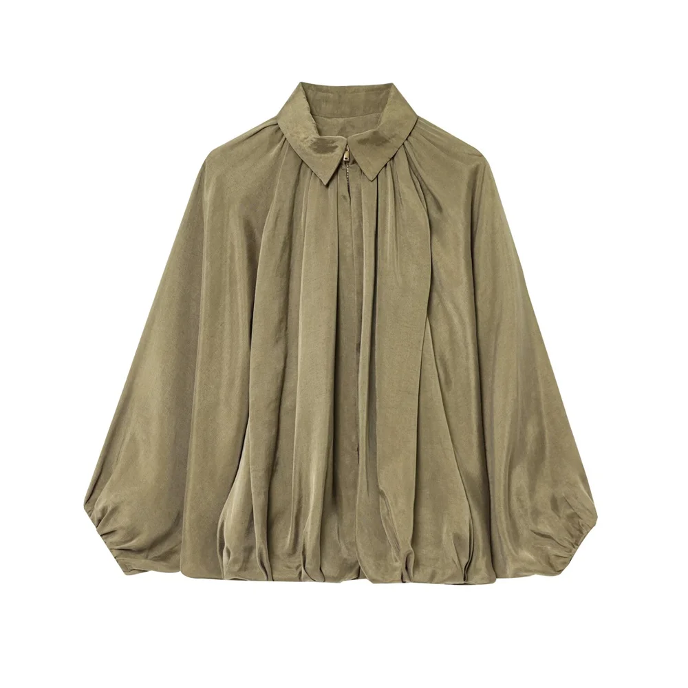 Women’s Summer Lapel Zipper Jacket with Puffy Sleeves - Image 2