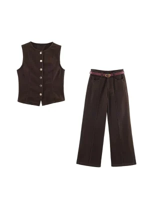 Women’s Autumn Denim Vest & Belted Pants Set