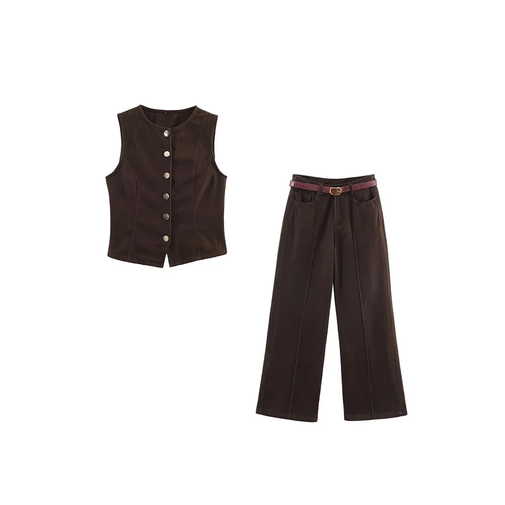 Women’s Autumn Denim Vest & Belted Pants Set