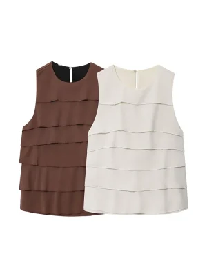Autumn French Minimalist Sleeveless Satin Ruffle Top