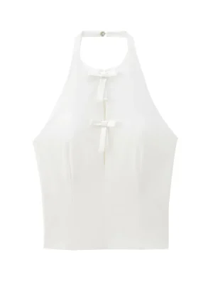 Autumn European-Style Bow Collar White Tank Top