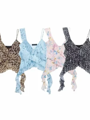 Women’s Printed Silk Mesh V-Neck Sleeveless Top