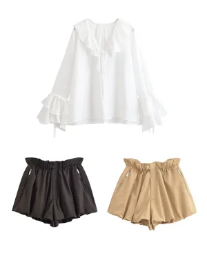 Layered Long Sleeve Shirt & Balloon Shorts Set