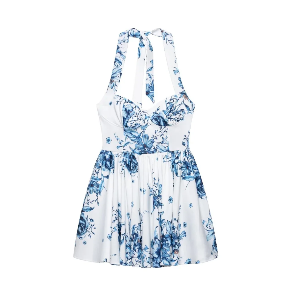 Floral Halter Neck Backless Mini Dress