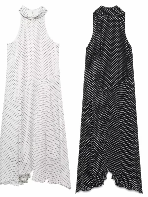 Women's Polka Dot Halter Neck Dress with Bow