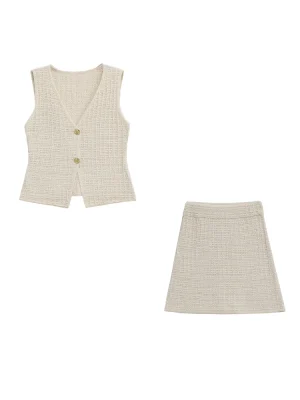 Women’s Elegant Knitted V-Neck Vest & Short Skirt