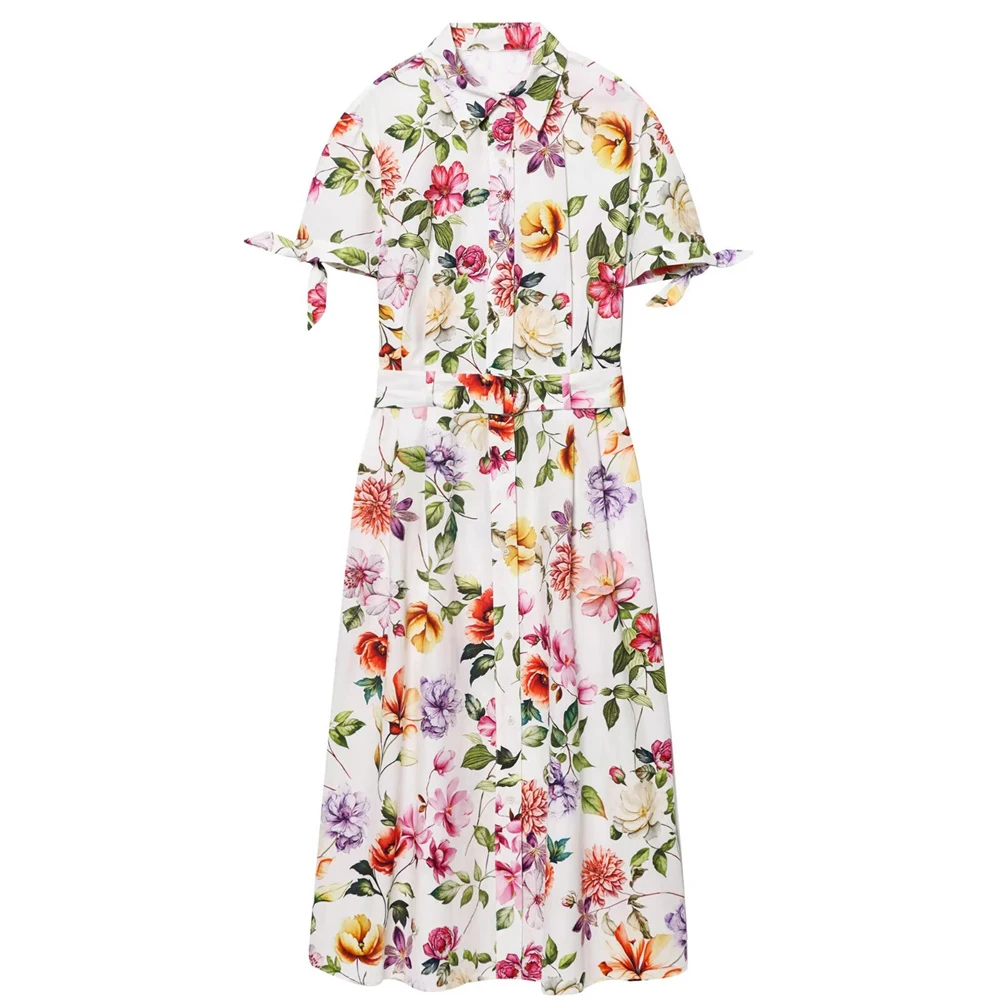 Women’s Lapel Collar Printed Dress, Short Sleeve - Image 3