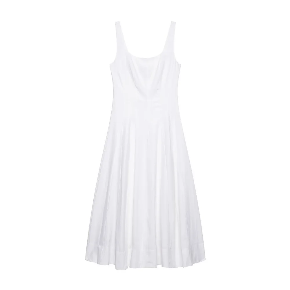 Women’s Linen Blend Square Neck Strap Midi Dress