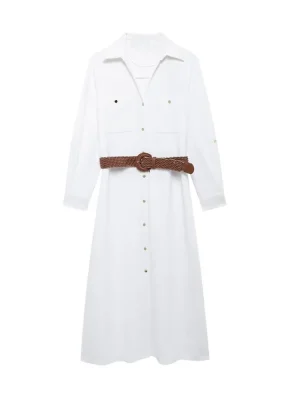 Autumn Shirt-Style Midi Dress with Belt