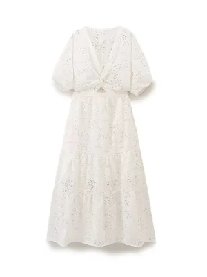 Women’s Solid Color Hollow Embroidery Bow Dress