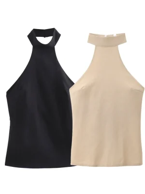 Women’s Solid Color Sleeveless Slim Top with Buckle