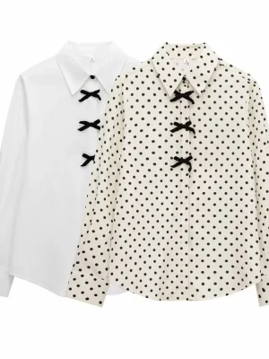 Women’s Slim Fit Butterfly Bow Polka Dot Shirt