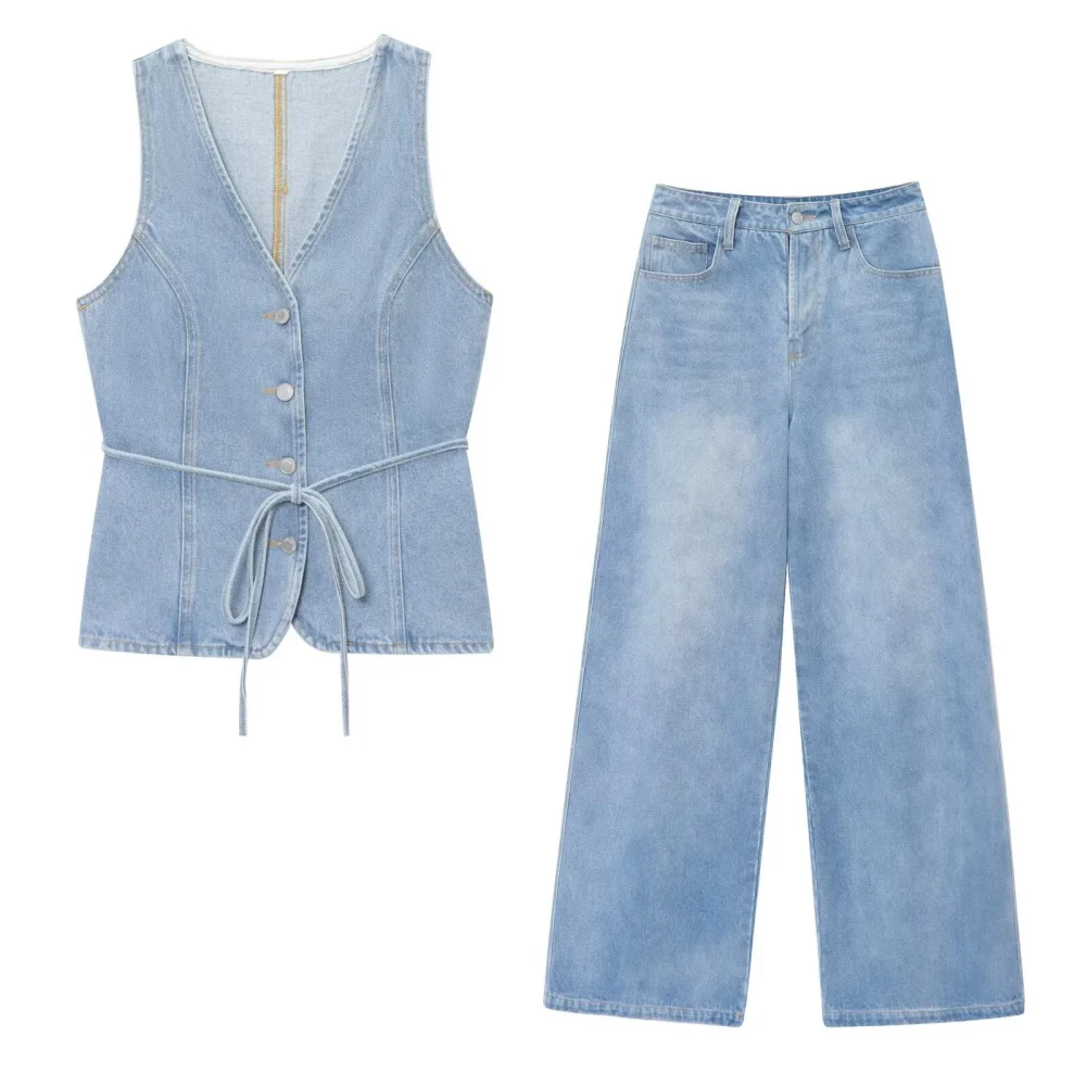 Denim Vest & Wide Leg Jeans Set