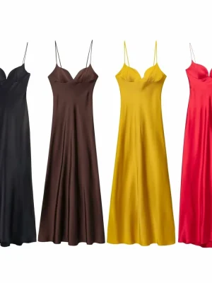 Women’s Silk-Texture Slim Fit Heart Collar Dress