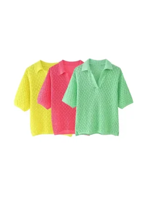 Women’s Pointelle Knit Polo Collar Short Sleeve Sweater