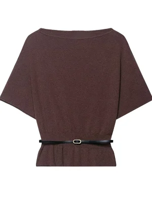 Slash Neck Belted Knit Sweater for Women