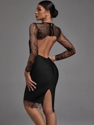 Sexy Black Lace Backless Midi Bodycon Dress