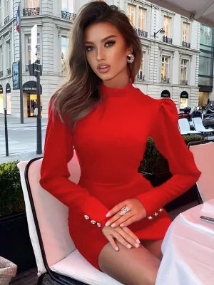 Elegant Red Embellished Bandage Dress
